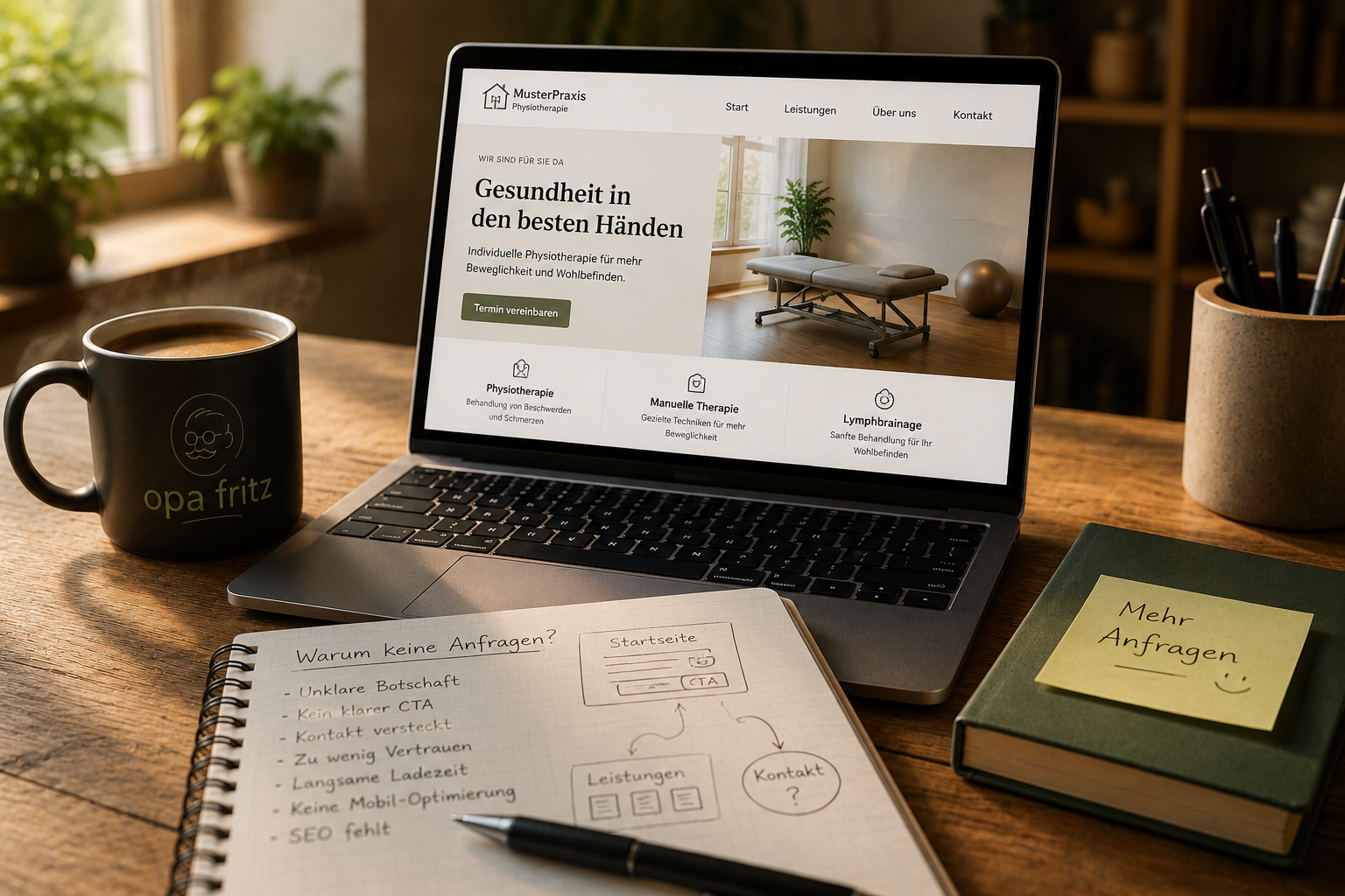 Laptop mit Unternehmenswebsite und einer Kaffeetasse auf einem gemütlichen Schreibtisch